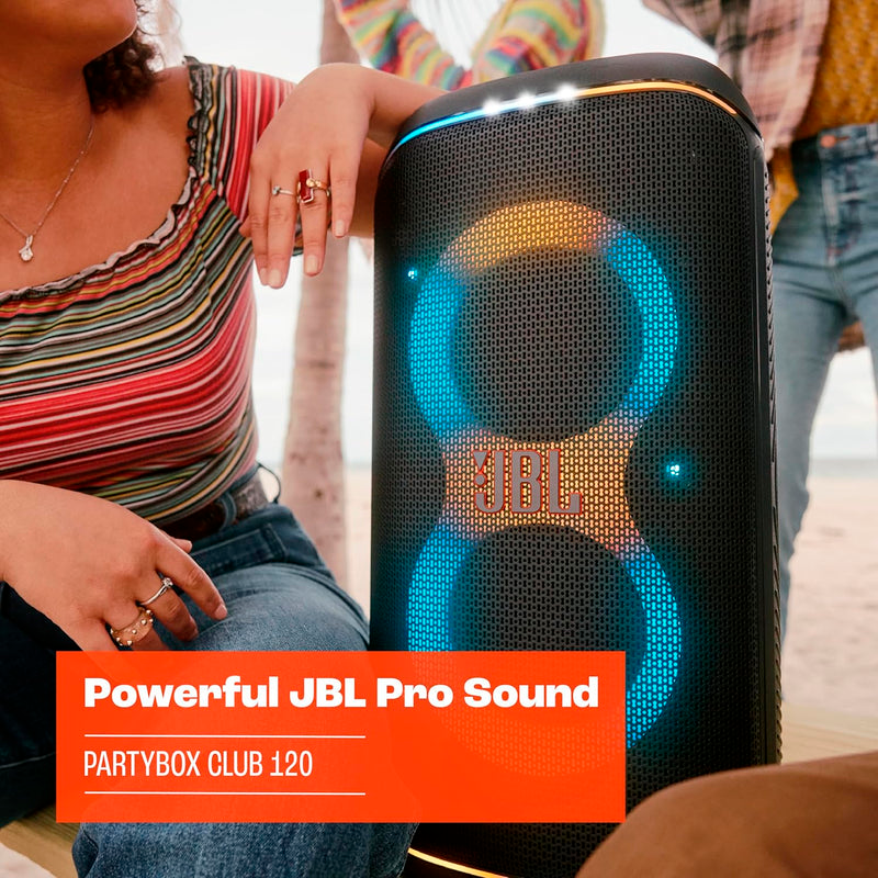 JBL Partybox Club 120, altavoz portátil para fiestas, asa plegable ergonómica, sonido JBL Pro, luces, 12 horas de batería, resistente a salpicaduras IPX4, color negro