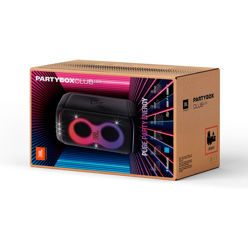 JBL Partybox Club 120, altavoz portátil para fiestas, asa plegable ergonómica, sonido JBL Pro, luces, 12 horas de batería, resistente a salpicaduras IPX4, color negro