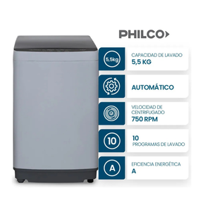 Lavarropas Automático Carga Superior Philco 5.5 Kg 750 Rpm Gris