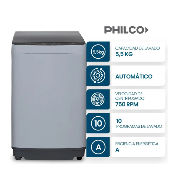 Lavarropas Automático Carga Superior Philco 5.5 Kg 750 Rpm Gris