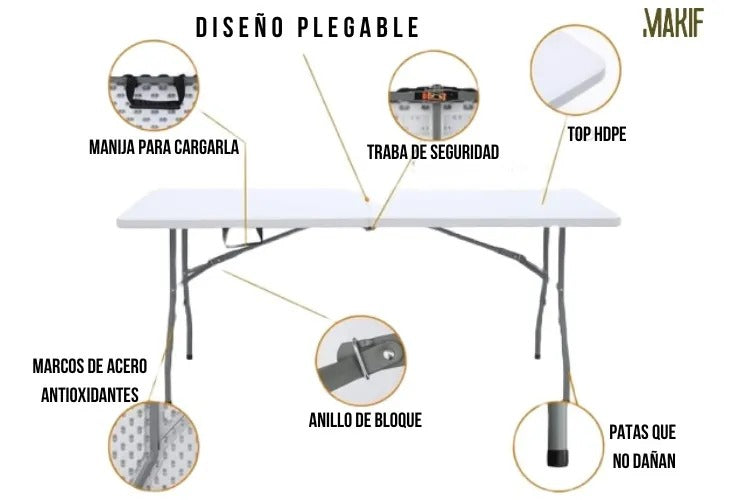 Mesa Plegable Valija 1.8 Mts Hogar Camping Jardín Reforzada Color Blanco